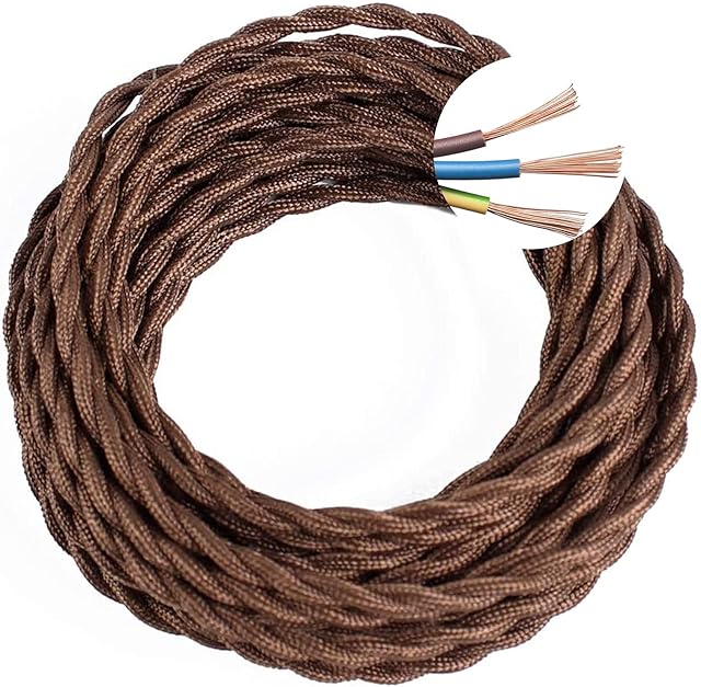 GreenSun LED Lighting Flexible Cable Wire, 3x0.75mm², 10 Meters, Color Brown, Twisted Fabric Lamp Cord, 3-core Twisted Braided Wire for DIY Lighting