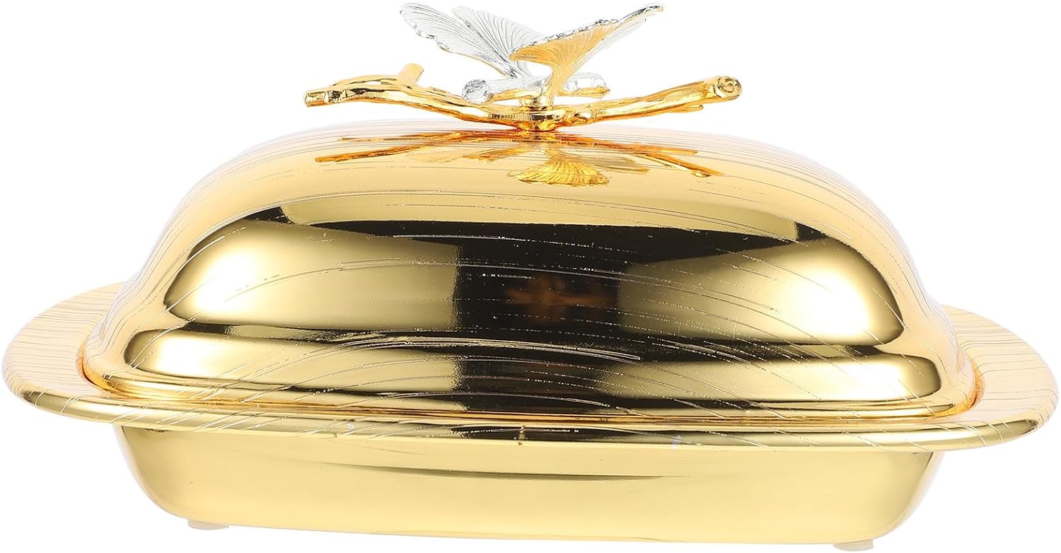 Butter Dish with Lid 7.5-inch Golden Rectangular Metal Butter Storage Holder Refrigerator Home Kitchen