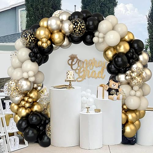 Miniatura 6 de Kit de arco de guirnalda de globos negros y dorados para decoraciones de cumpleaños 50 2025, 152 piezas globos de fiesta de confeti de arena blanca