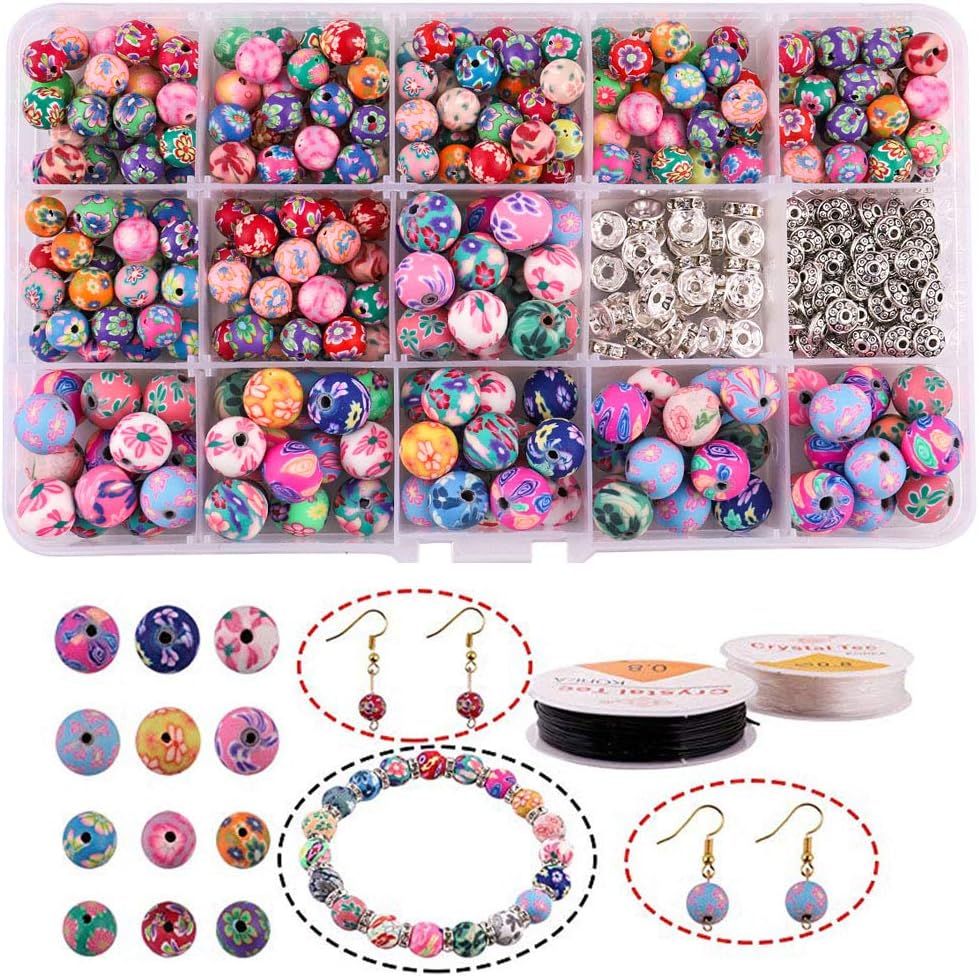 Fishdown Round Pattern Beads Assorted Colorful Handmade Beads Chinese Handmade Craft Assortment Porcelain Beads for Jewelry Making Kit with Crystal String (370Pcs Polymer Clay Beads)