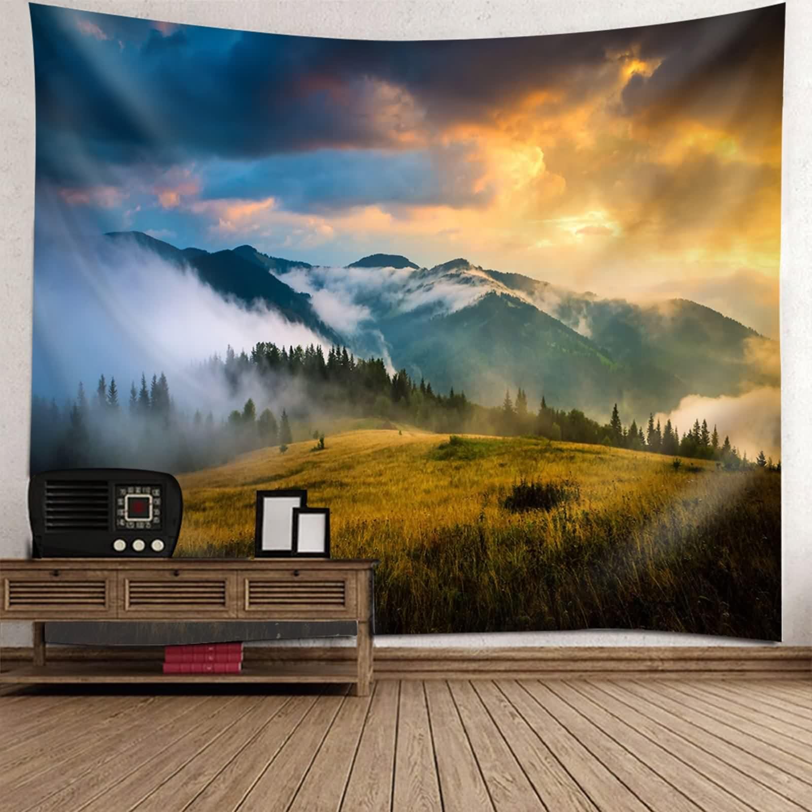 Tolldek Dywan ścienny, pomarańczowy, niebieski, zielony, 300 x 256 cm, naturalny krajobraz, gobelin, góra, słońce, gobelin, makata, chusta na ścianę, z dekoracjami natury, 300 x 256 cm