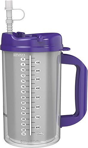 Taza de hospital de doble pared de 32 onzas con pajilla, tapa y asa moradas Mugs N Coffee