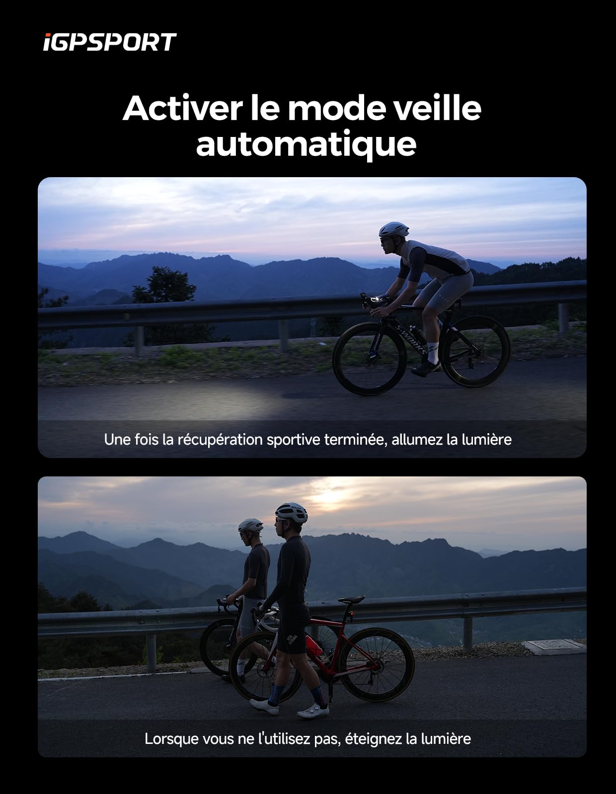 iGPSPORT Lumiere Velo, VS500/800/1200/1800 Lumens Lampe Velo Intelligente Rechargeable Grande Capacité 4000-6700mAh Haute Luminosité Étanche Eclairage Velo pour VTT, Velo de Route, Cyclisme Nocturne