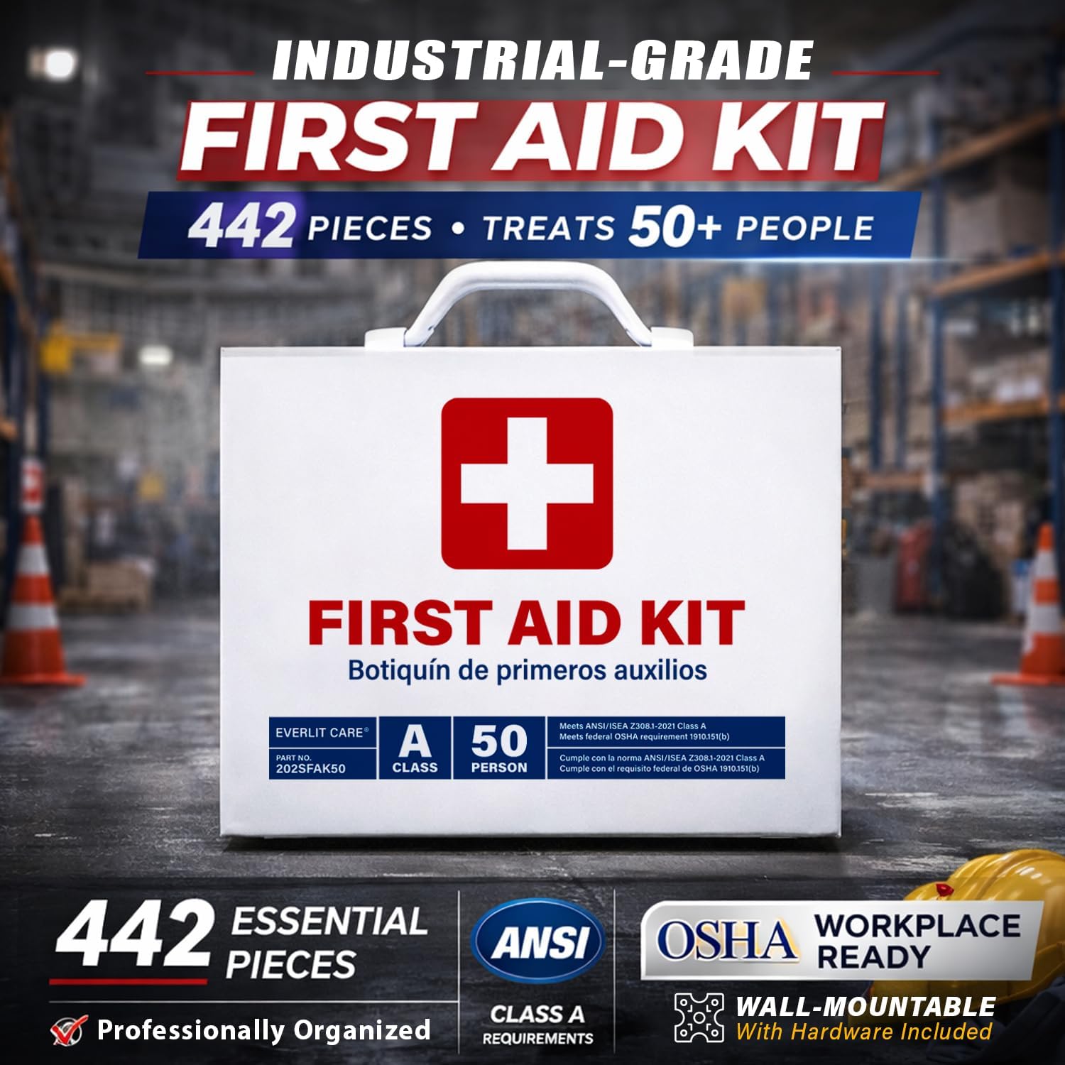 2-Shelf OSHA-Compliant First Aid Kit, ANSI Class A 50 Person Emergency First Aid Cabinet for Buiness, Job Site, Industrial Manufacturing Facility, Restaurant, and Kitchen