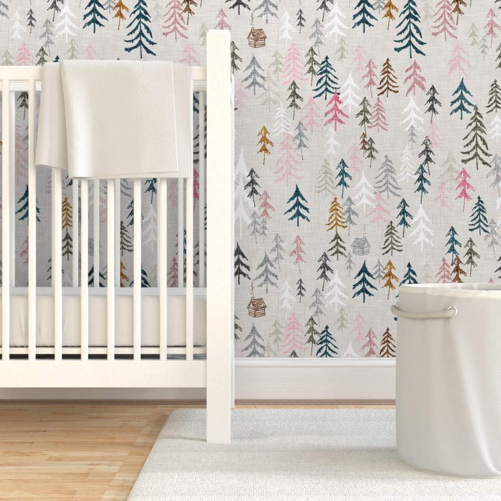Peel & Stick Wallpaper 3ft x 2ft - Pink Forest Hiking Camping Explore Mountain Adventure Pine Tree Custom Removable Wallpaper by Spoonflower