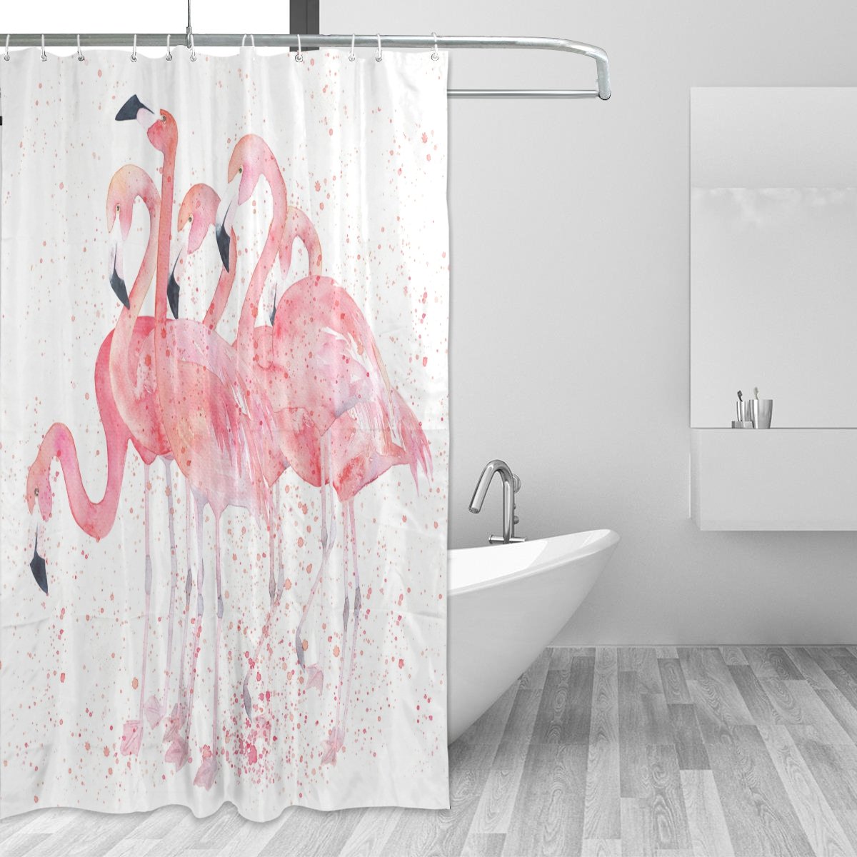 JSTEL Decor Shower Curtain Watercolor Flamingos Pattern Print 100% Polyester Fabric 66 x 72 Inches for Home Bathroom Decorative Shower Bath Curtains with Plastic Hooks