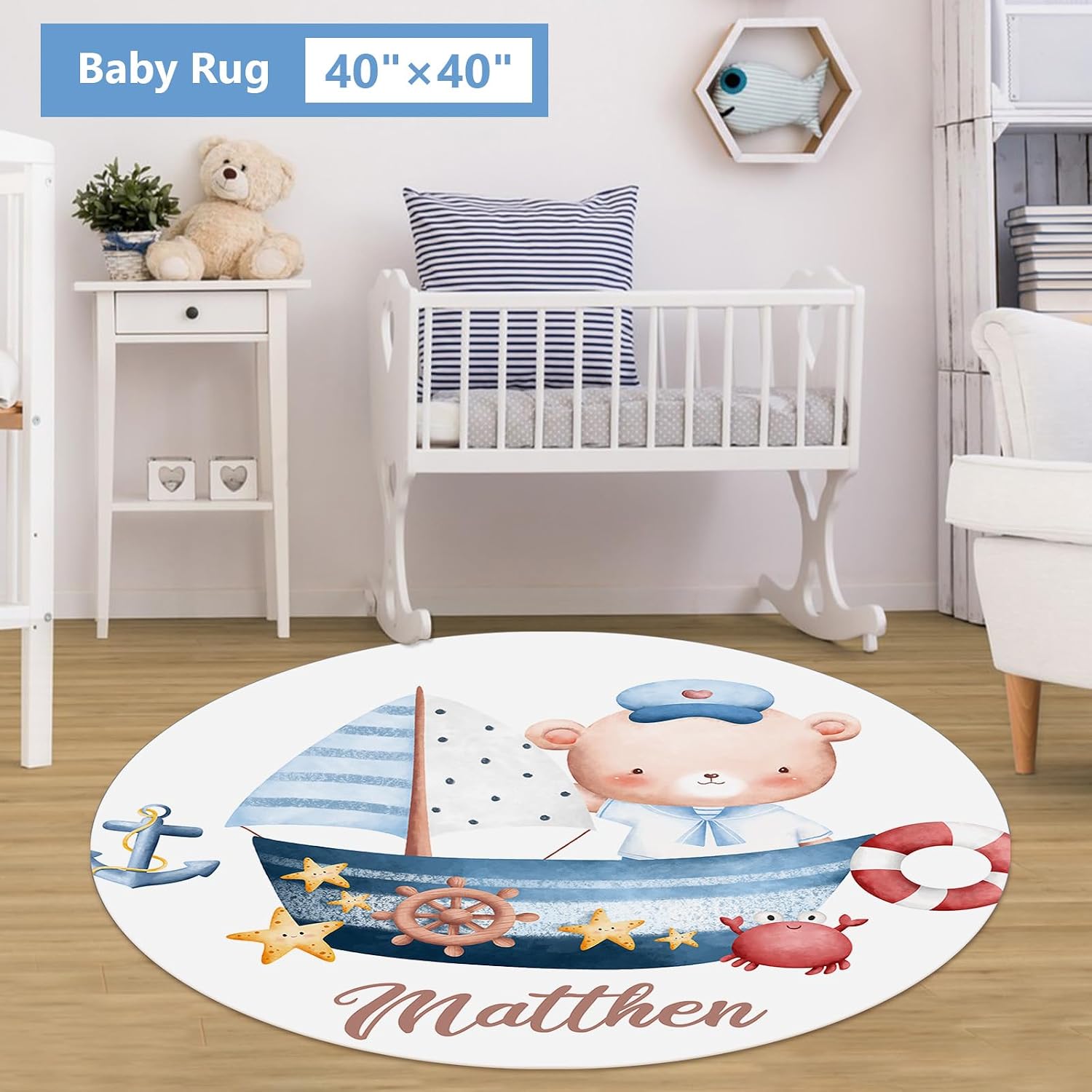 KAINSY Personalized Baby Crib Bedding Set for Girls, Custom Name 5 Pcs Nursery Set, Double Layer Soft Crib Comforter, Cute Sailor Bear Bedding for Newborn Infant Toddler, Shower Gift Baby Room Decor
