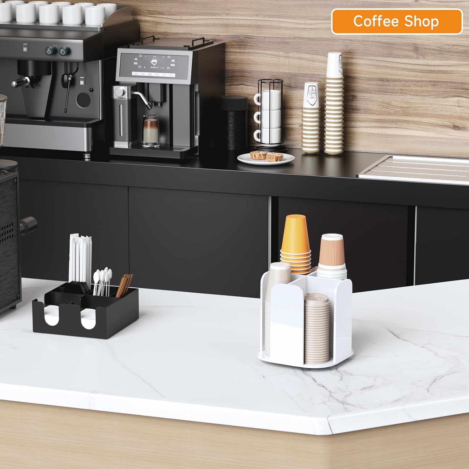 Beego Rotatable 4-Compartment White Acrylic Cup Dispenser - Coffee Station Cup and Lid Carousel Countertop Plastic Cup Holder for Restaurant Breakroom Coffee Bar image 5