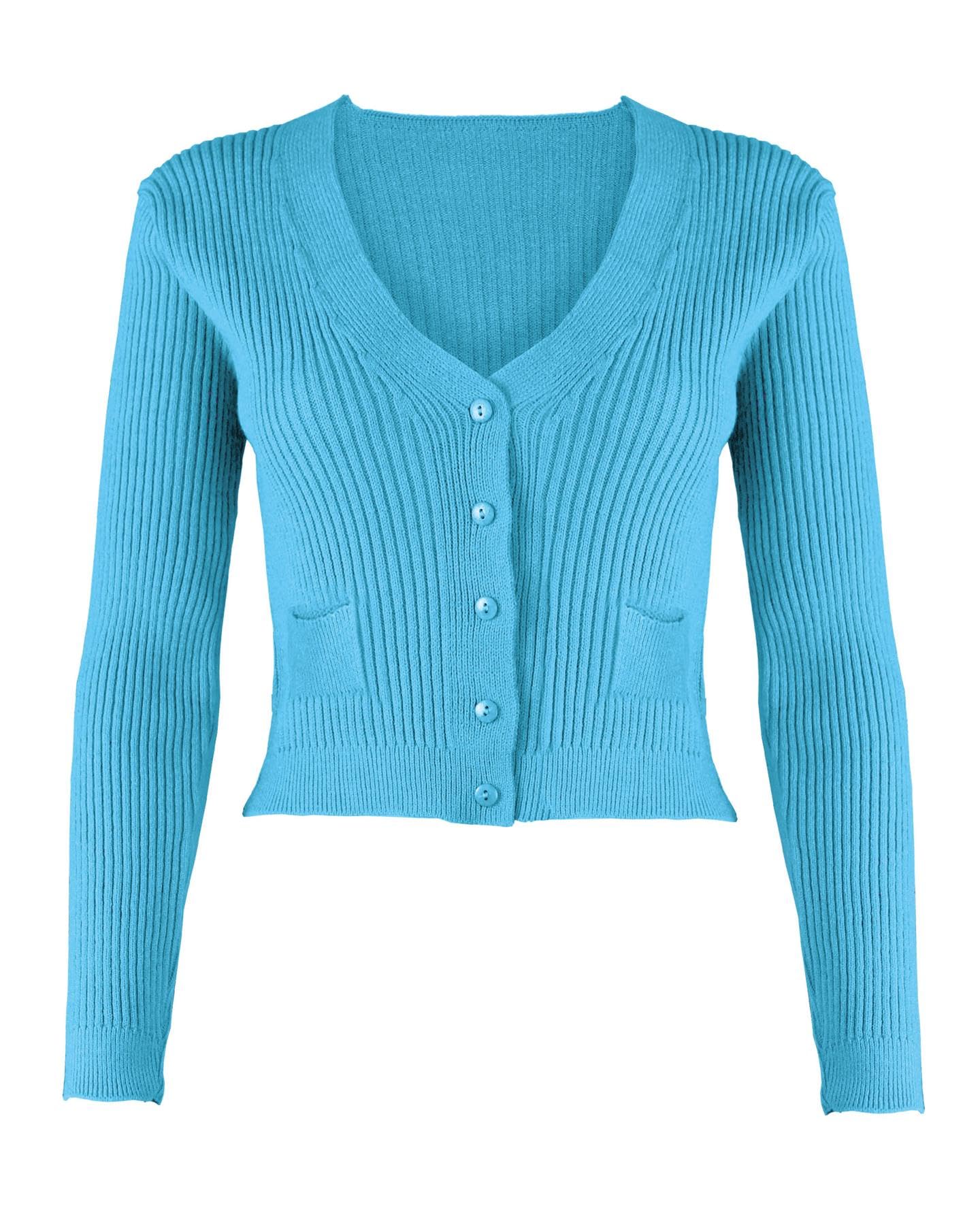 Top Vendor Women's Aqua New Knitted Long Sleeve V-Neck Cropped Cardigan Top Sweater With Small Pockets And Buttons [,
