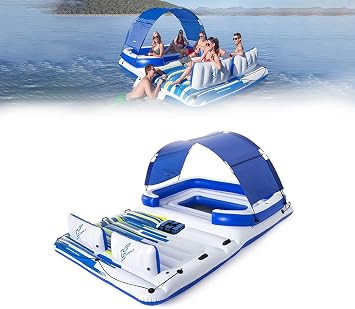 Floating Island Pool Lake Raft Lounge, Large Inflatable Floating Island, Hydro-Force Tropical Breeze 6 Person Inflatable Party Island Water Float Lounger, with 6 Cup Holders, Backrests, and Detachable