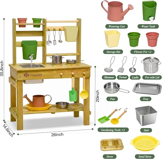 Toywoo Waterproof Mud Kitchen for Kids Outdoor, Wooden Play Kitchen with Working Faucet & 2 Stainless Steel Sinks, Pretend Cooking & Gardening Toy, Perfect Outdoor Gift for Boys Girls Ages 3+