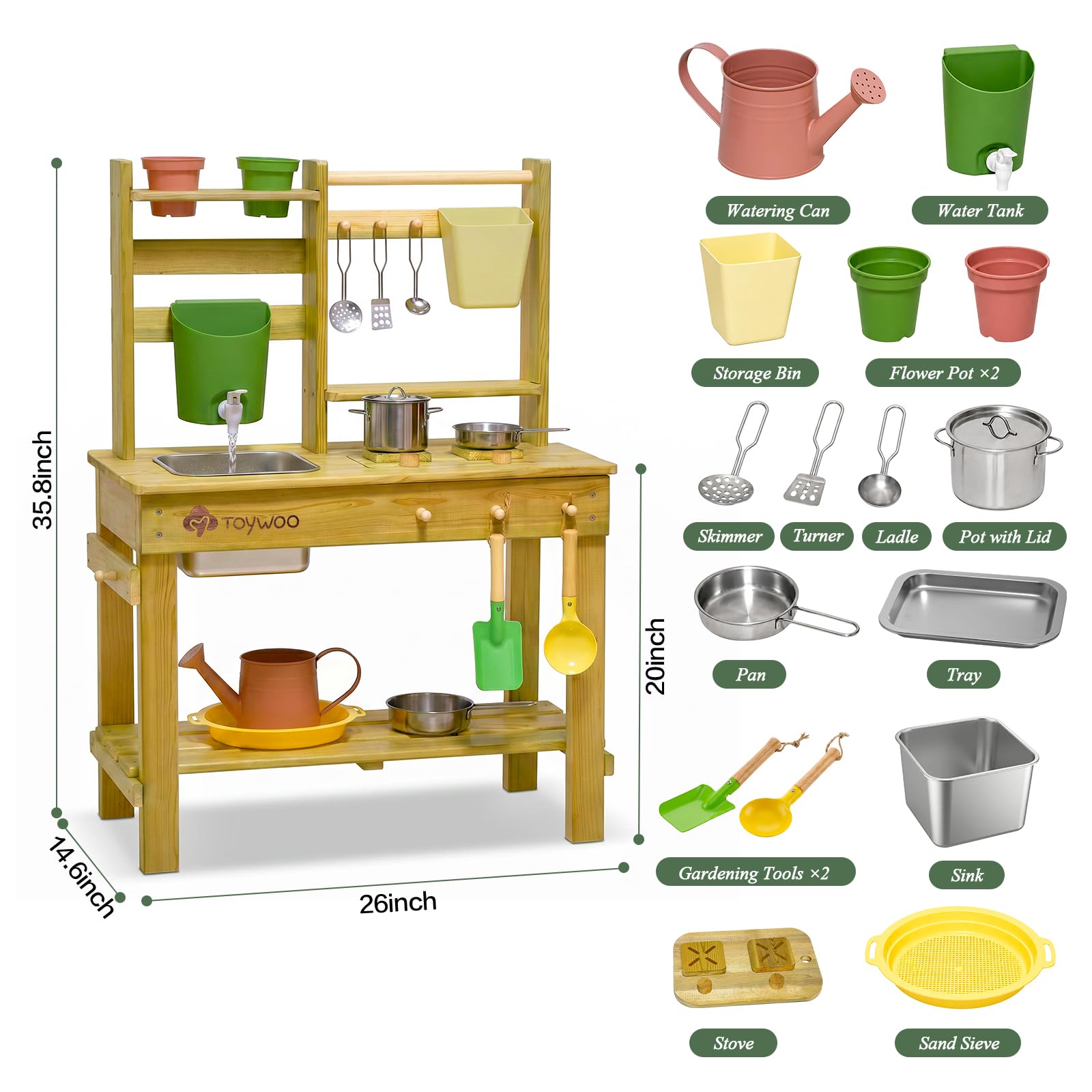 TOYWOO Cuisine de boue pour enfants en extérieur, table à boue 3-en-1 avec réservoir d'eau et évier, cuisine de jardin en bois finlandais pour garçons et filles à partir de 3 ans