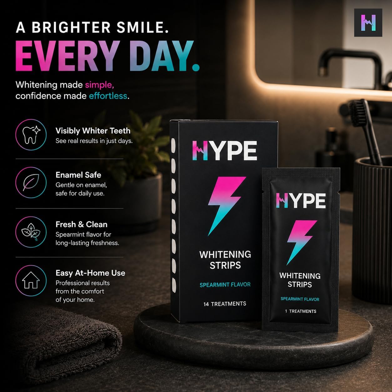 Hype Teeth Whitening Strips - Dentist-Developed, 14 Treatments, 8% Hydrogen Peroxide Formula, Enamel Safe, Sensitive Teeth Friendly, Non-Slip, Professional At Home Whitening, Spearmint