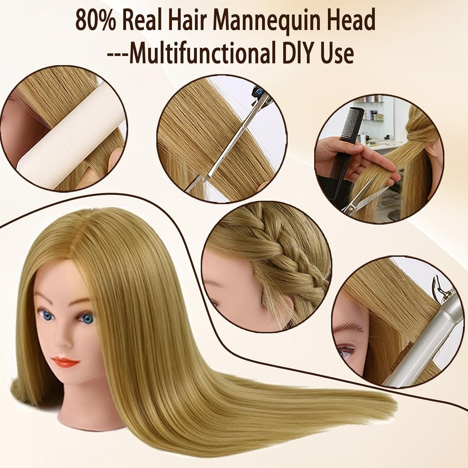 TopDirect Friseur Übungskopf 66 cm, 80% Echthaar-Mix, Haselnussbraun