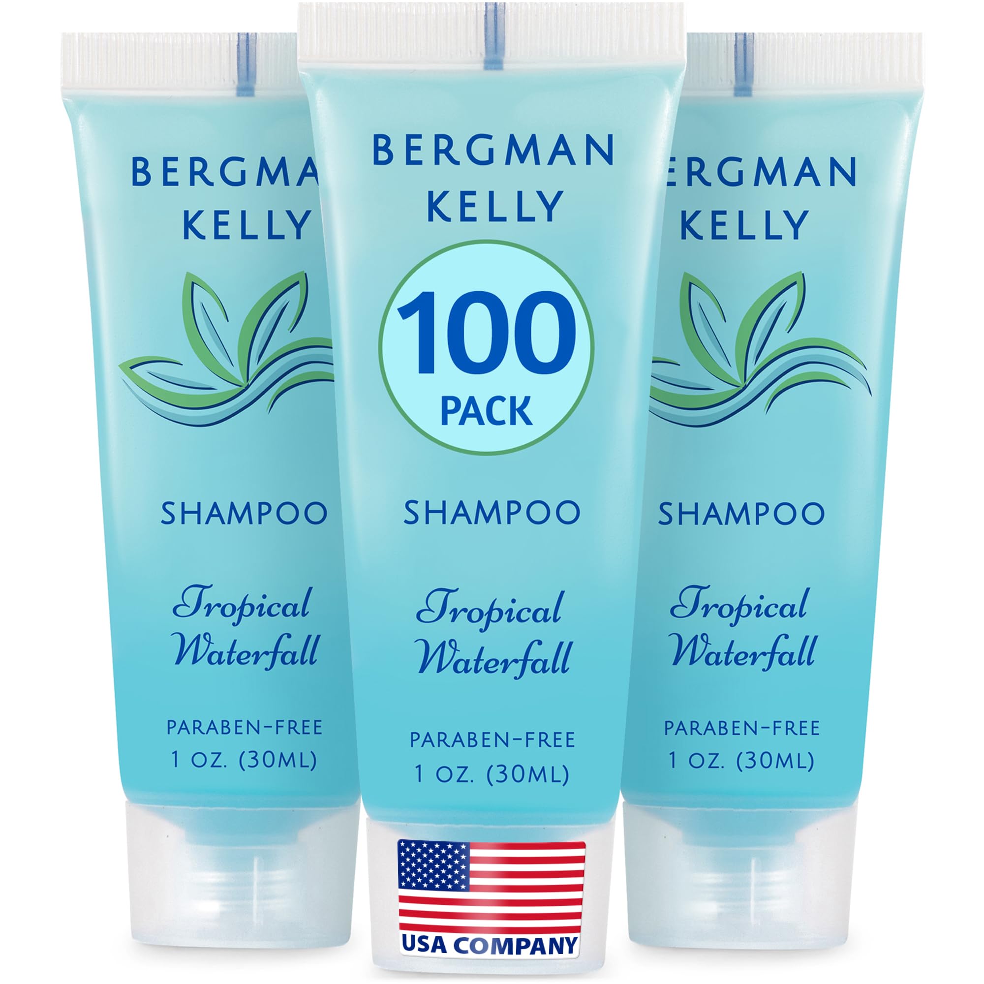 BERGMAN KELLY - Travel Size Hotel Shampoo - 1 fl oz, 100 PK, Tropical Waterfall - Delight Your Guests with Revitalizing & Refreshing Hair Cleanser for Guest Hospitality - Bulk Small Size Shampoo