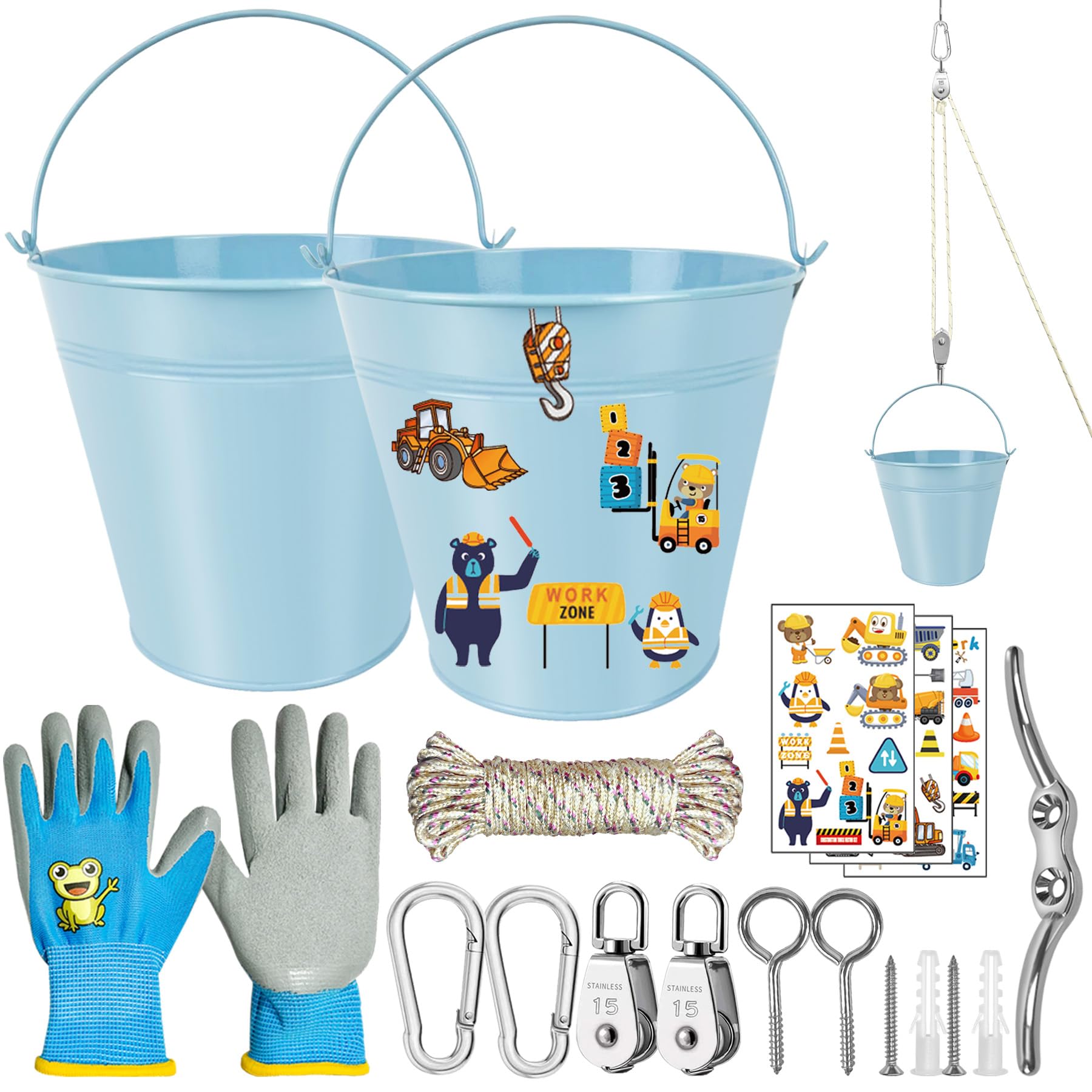 TZEKING Poulie Enfants,Poulie avec 2 Seau en Métal,Système de Poulie pour Enfants et Seau,Accessoires pour Cabane dans Les Arbres et Tour de Jeu,pour Enfants à partir de 3 Ans