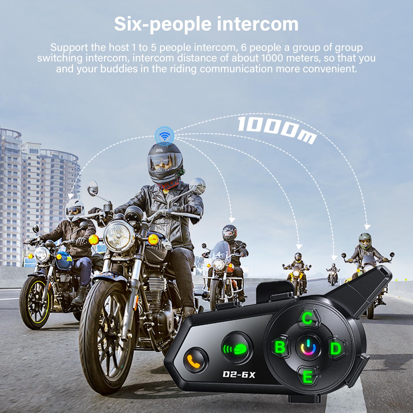 Motoradhelm Bluetooth Headset Motorrad Helm Bluetooth Headset mit Dual-Chip für Audio-Multitasking Helm Gegensprechanlage Kopfhörer Kommunikationssystem für 6 Fahrer mit 1000m Kompatibel Alle Helme