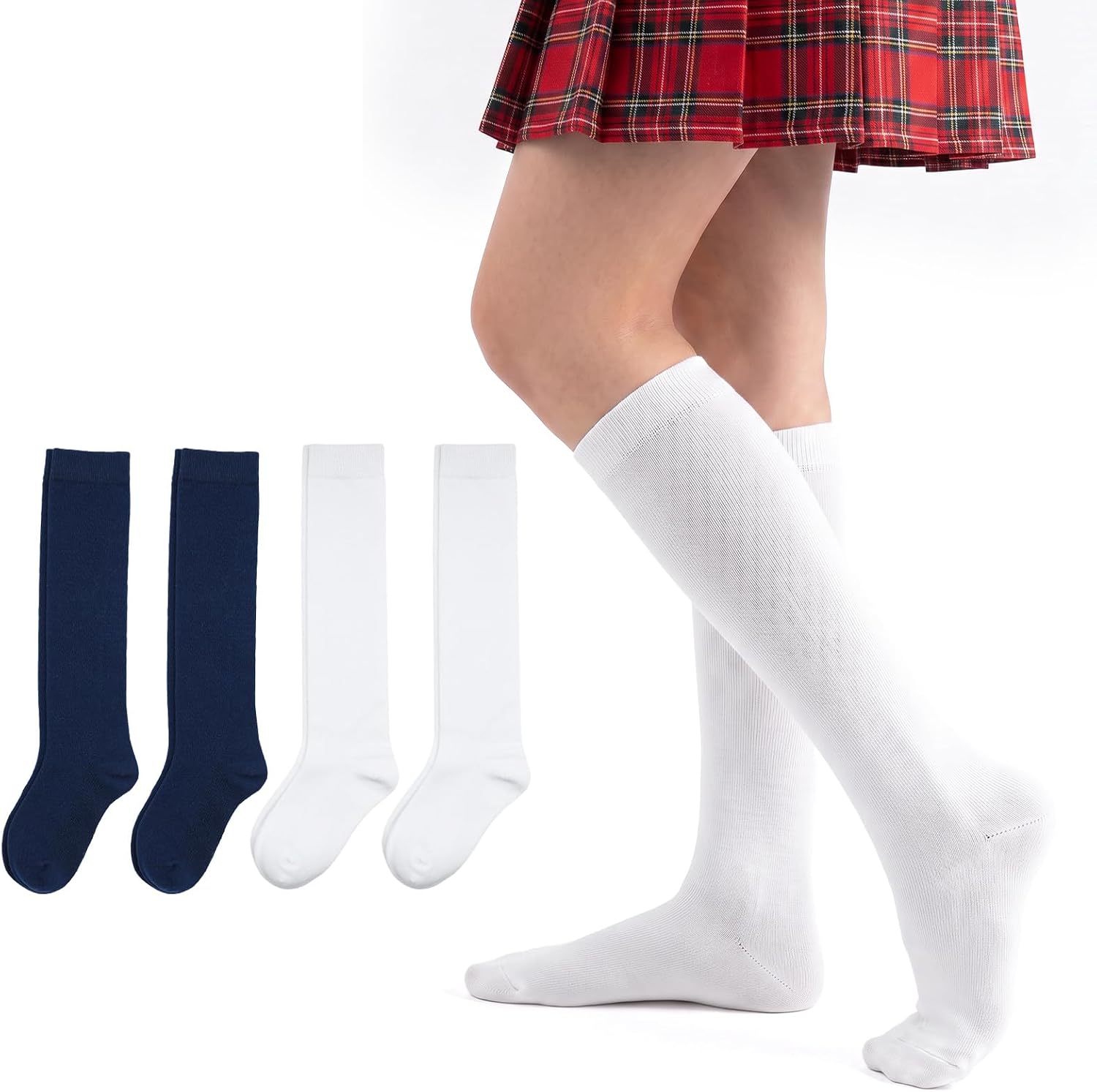 Girls Knee High Socks 3/4 Pairs Kid 3-15 Years Uniform Cotton Socks