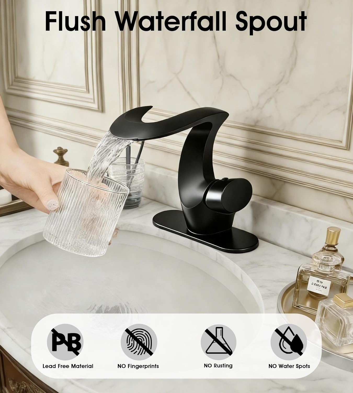 Elegant Alien Matte Black Bathroom Sink Faucet Single Hole,AUU Waterfall Black Vanity Sink Faucet Solid Brass,Single Handle Basin Tap with Pop Up Drian&Deck Plate