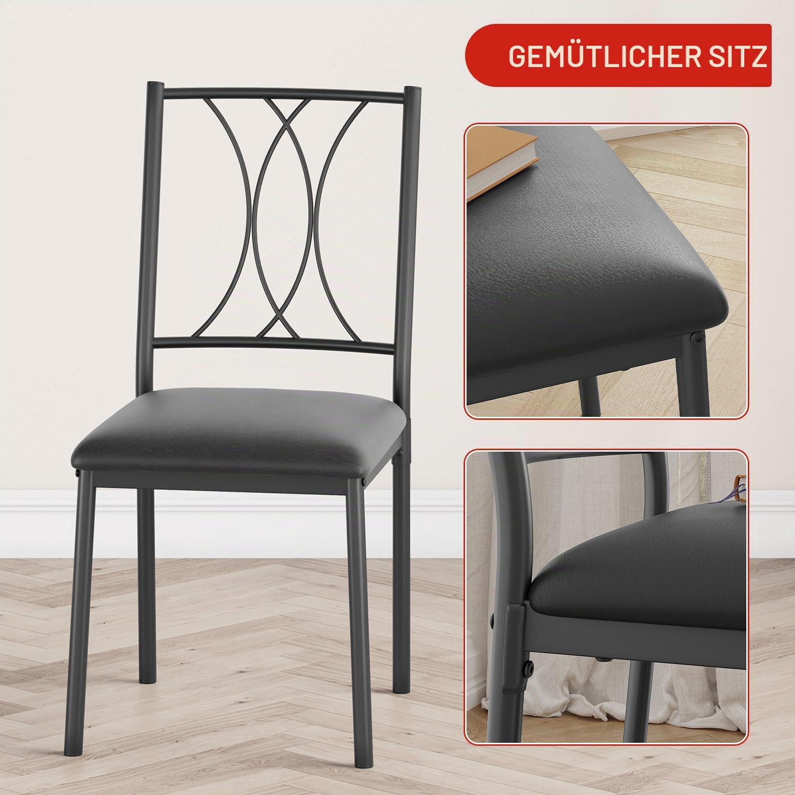 Garvee Esstisch mit 4 Stühlen, 5-Teilig Essgruppe mit gepolsterten Stühlen, Platzsparende Sitzgruppe Küchentisch Set Esszimmertisch Holzoptik für Küche Esszimmer Wohnung, Grau Schwarz