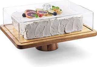 Cake Stand with Acrylic Dome Lid 2-in-1 Multifunctional Rectangular Shatterproof Dessert Table Display Set with Acacia Wood Serving Platter, Veggie Tray, Fruit Bowl, Donut Stand Plate by Homesphere