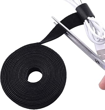 TENOC Reusable Hook and Loop Cable Tie Tool, Adjustable Cable Organizer Tape Cord Wrap for Home, Office, Wire Bundling, Hook and Loop Tape, Manage Wire Straps, Black 2/5 In x 9.8 Ft x 1 Roll