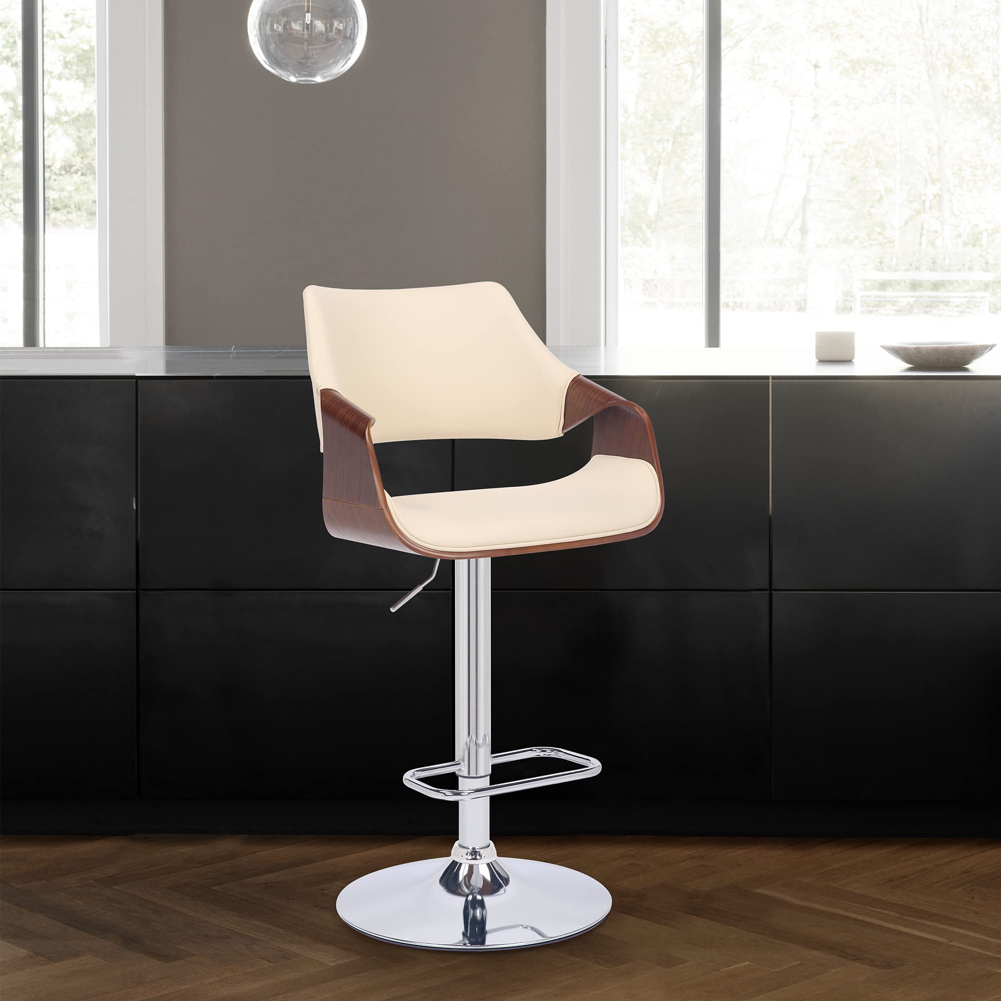 Armen Living Aspen Adjustable Swivel Cream Faux Leather and Walnut Wood Bar Stool with Chrome Base