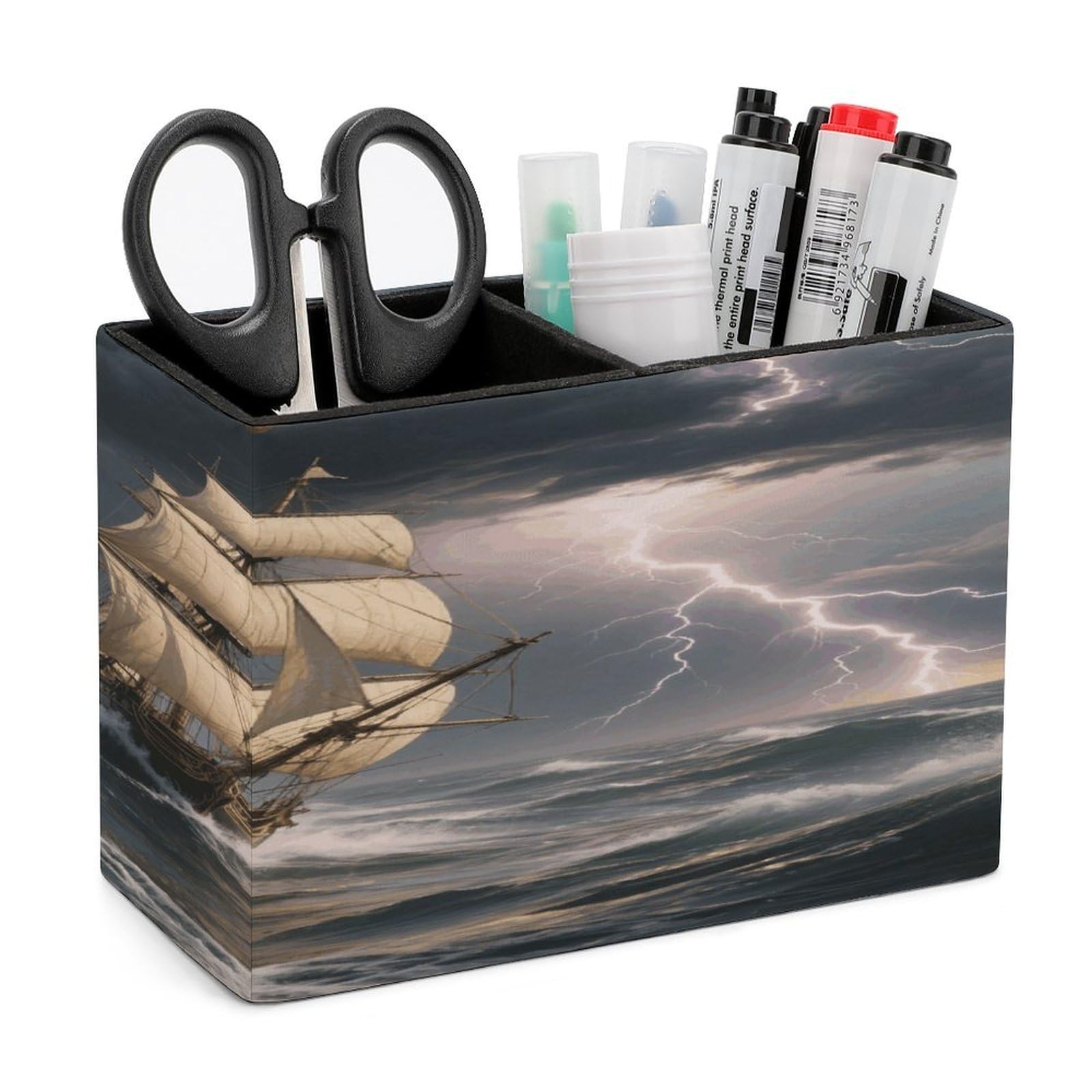 VstaDank Sailing Ship in Stormy Sea Pencil Holder for Desk Organizer 2 Compartments Pen Cup Leather Square Pen Holder Pencil Cup Stand Makeup Brush Holders for Desktop Organizer Storage Case