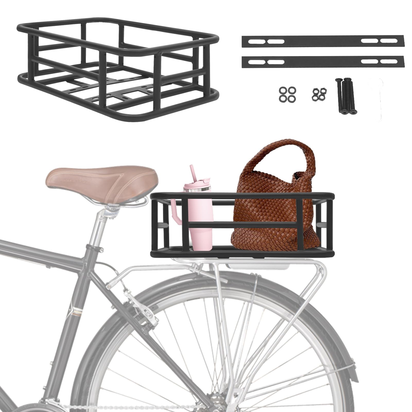 Fahrradkorb Hinten, Abnehmbar Korb Fahrrad Hinten mit 2 Eisenplatten, Fahrradkörbe Hintens Gepäckträger für Fahrrad E-Bike Elektrofahrrad