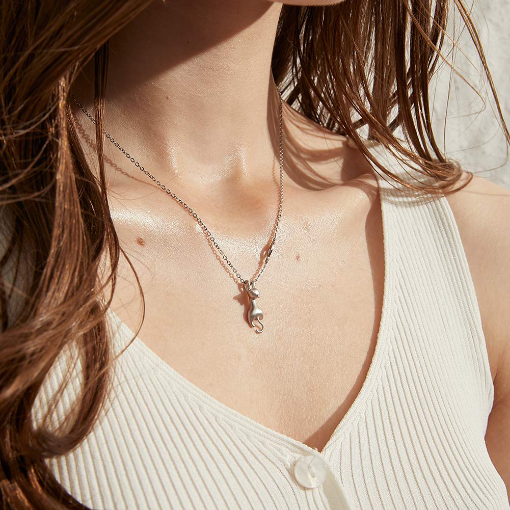 Katze Kette Katzen Mond Halskette Katze Schmuck für Damen Mädchen, 925 Sterlingsilber, 18K Weißgold Plattierte