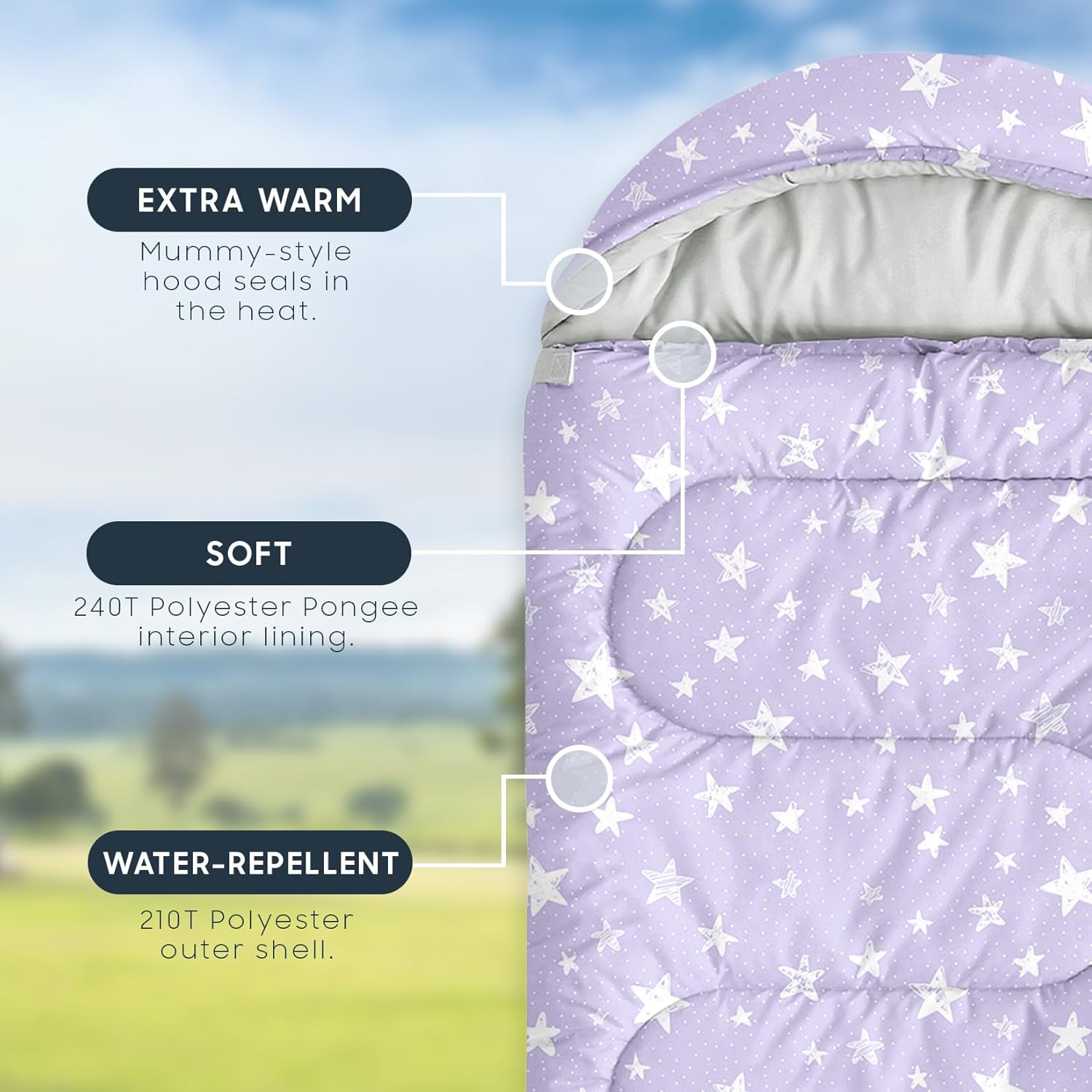 Wake In Cloud - Star Kids Sleeping Bag for Boys Girls Toddlers, Camping in Warm Cold Weather, Backpacking Lightweight Compact Outdoor Liner for 3 Seasons Summer Spring Fall
