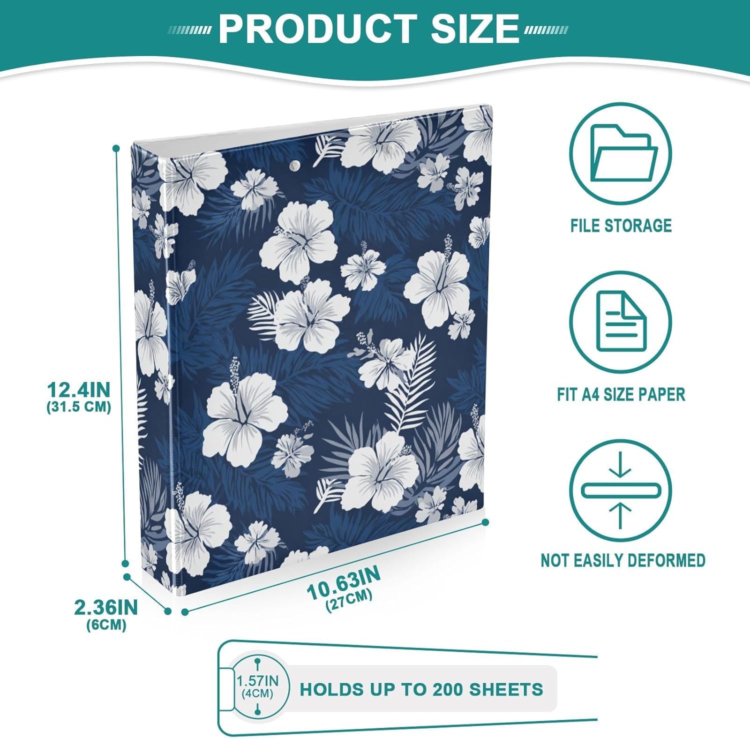 Navy Blue and White Hawaiian Flower Binder 3 Ring 1.5 Inch Binder with Clipboard&Pockets, Hardcover Binders Heavy Duty Large File Folder for Office School Supplies - Holds 200 Sheets