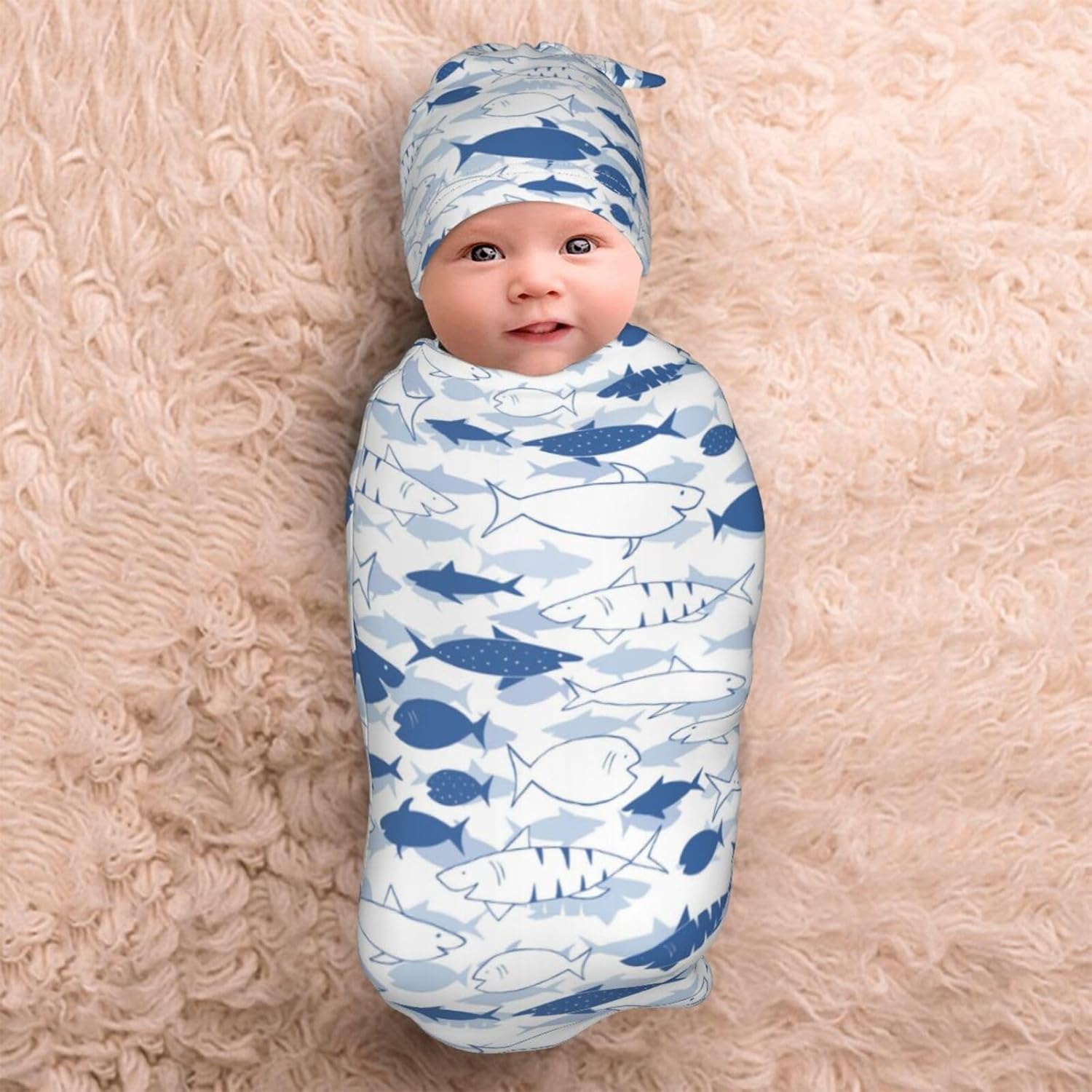 Sharks Ocean Beach Fish Funny Blue Newborn Swaddle Blanket Baby Stuff Baby Swaddling Blanket with Beanie Set Soft Sleeping Sack for Unisex Girls Boys - Image 5