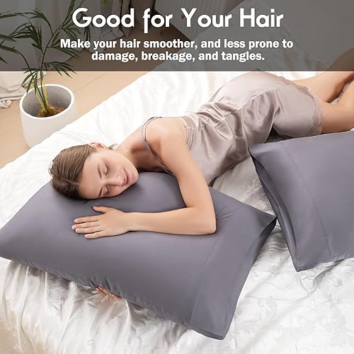 Miniatura 5 de Paquete de 2 fundas de almohada de tamaño estándar, fundas de almohada refrescantes de rayón de bambú gris oscuro con cierre de sobre, funda de