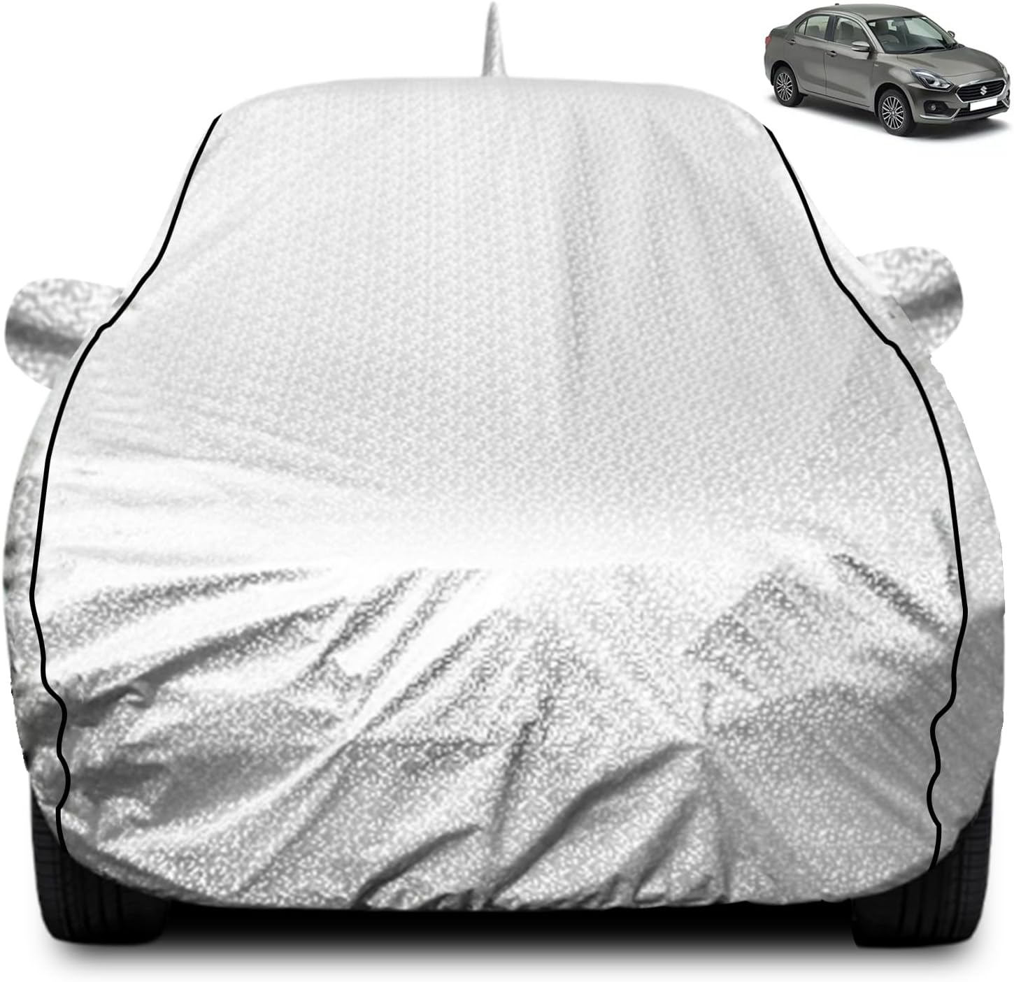 Fabtec Waterproof and Heat Resistant Metallic Silver Mirror and Antenna Pocket Car Body Cover for Maruti Dzire (2017-2019) with Soft Cotton Lining (Full Bottom Elastic, Full Sized, Triple Stitched)