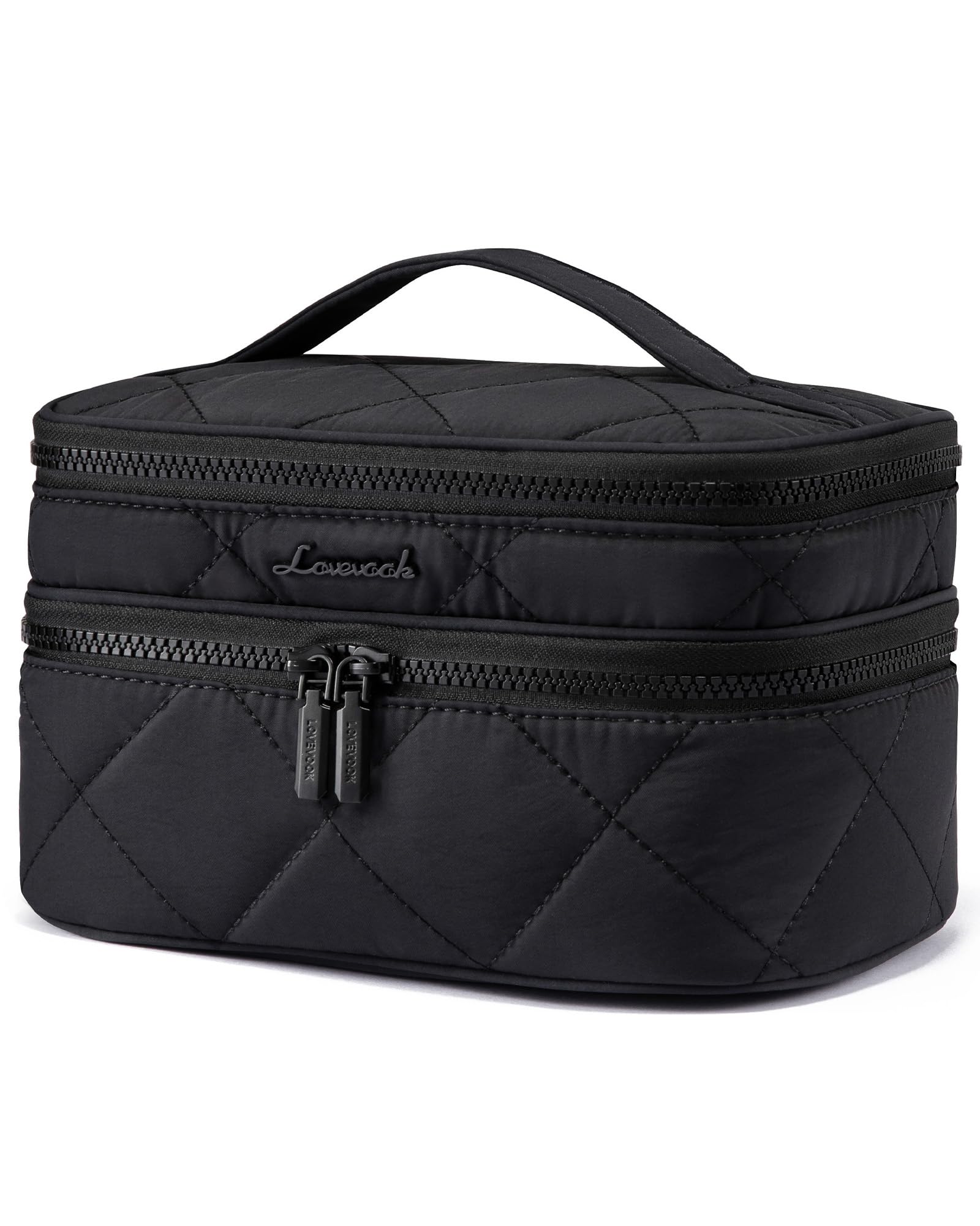 LOVEVOOK Kosmetiktasche Damen, Doppellagiger Puffer Kulturtasche Groß Kulturbeutel Make up Tasche mit Tragegriff, wasserdichte Schminktasche Waschtasche Kosmetikkoffer Beauty Case für Reisen, Schwarz