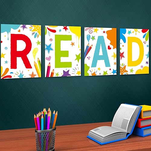Qilery Juego de 4 carteles y carteles de lectura para el aula, carteles de lectura, tablón de anuncios de lectura, póster de pared para biblioteca