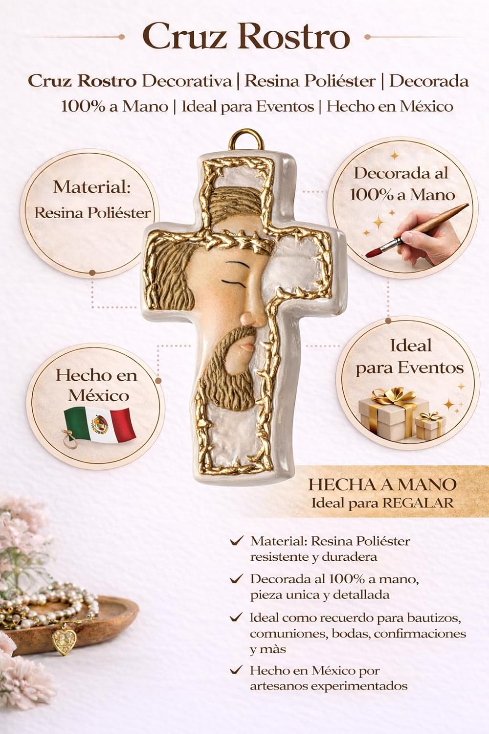 Cross Keepsake Rostro, Beautiful Memories for Christening, First Communion, Confirmation, Hand Decorated by Mexican Artists, 12 Pieces (White)