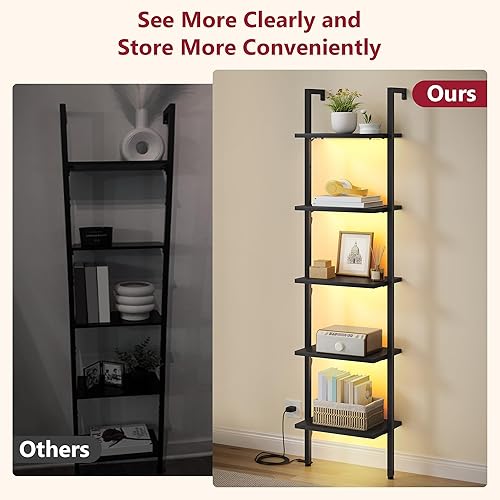 Miniatura 6 de Tajsoon Estante de escalera de 5 niveles con luz, estante de madera para libros montado en la pared, estantería de escalera con marco de metal,