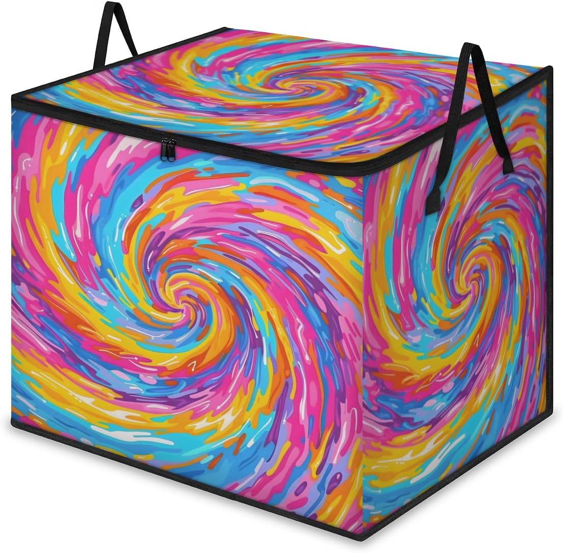 Tie Dye Colorful Boho Rainbow Extra Large Storage Bags, Clothes Storage Bins Foldable Closet Organizers Containers with Handle for Clothing, Blanket, Pillows