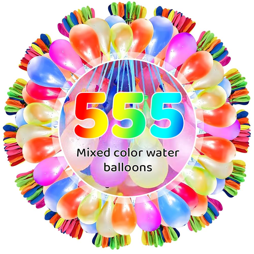 Water Balloons, 555 Pieces Quick-Fill Assorted Water Balloons with Hose Nozzle, Water Bombs Self Sealing Colorful Splash Water Balls for Family Garden Beach Swimming Pool Party -A