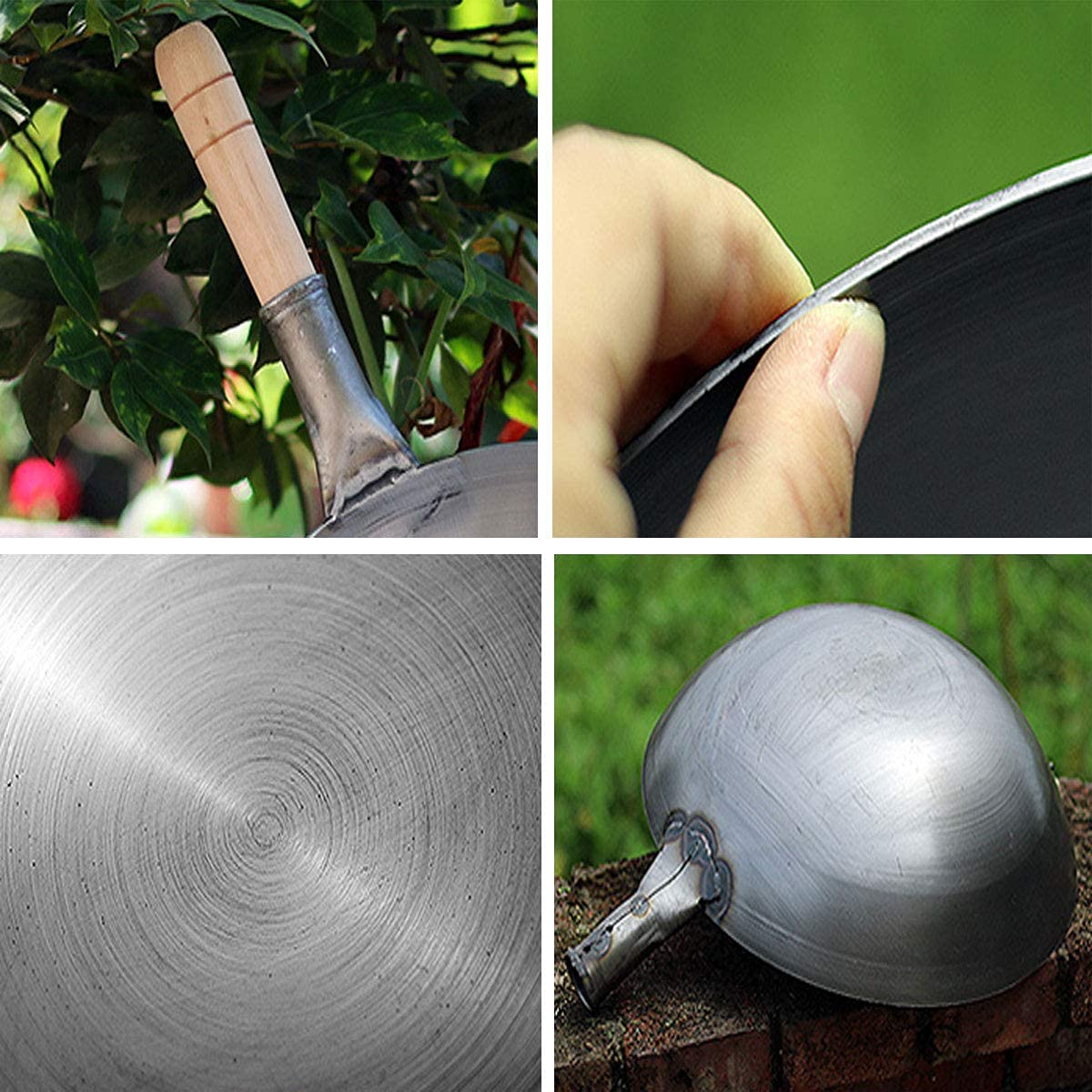ZXFDMSWJ Wok aus Gusseisen mit Holzgriff, hochtemperaturbeständig, Wok mit abgerundetem Boden, unbeschichtete, chinesische 100% handgehämmerte Wok-Pfanne aus Eisen, 36 cm/14 Zoll