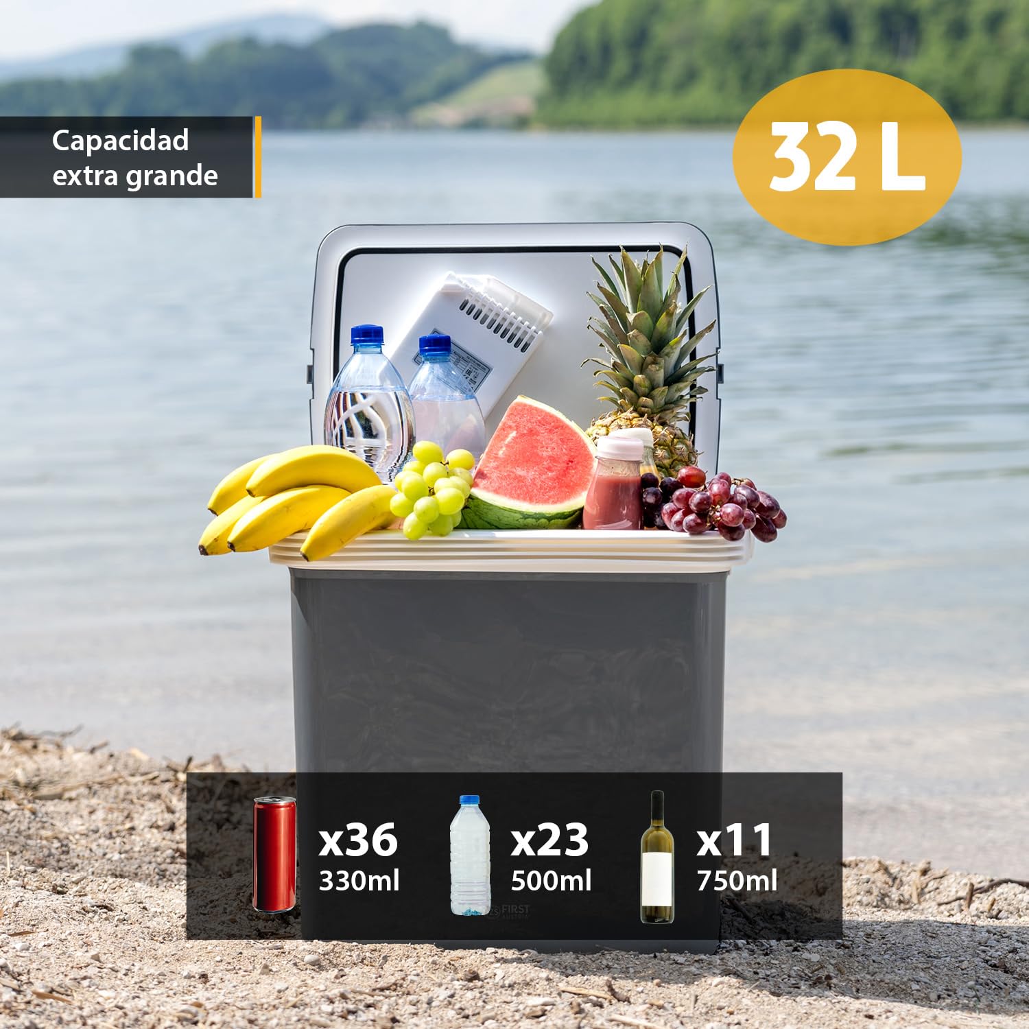 TZS First Austria - Nevera Eléctrica 32L - Función de Frío y Calor - 12V/230V para Coche y Enchufe - Termoeléctrica y Silenciosa - Camping y Viajes - Gris