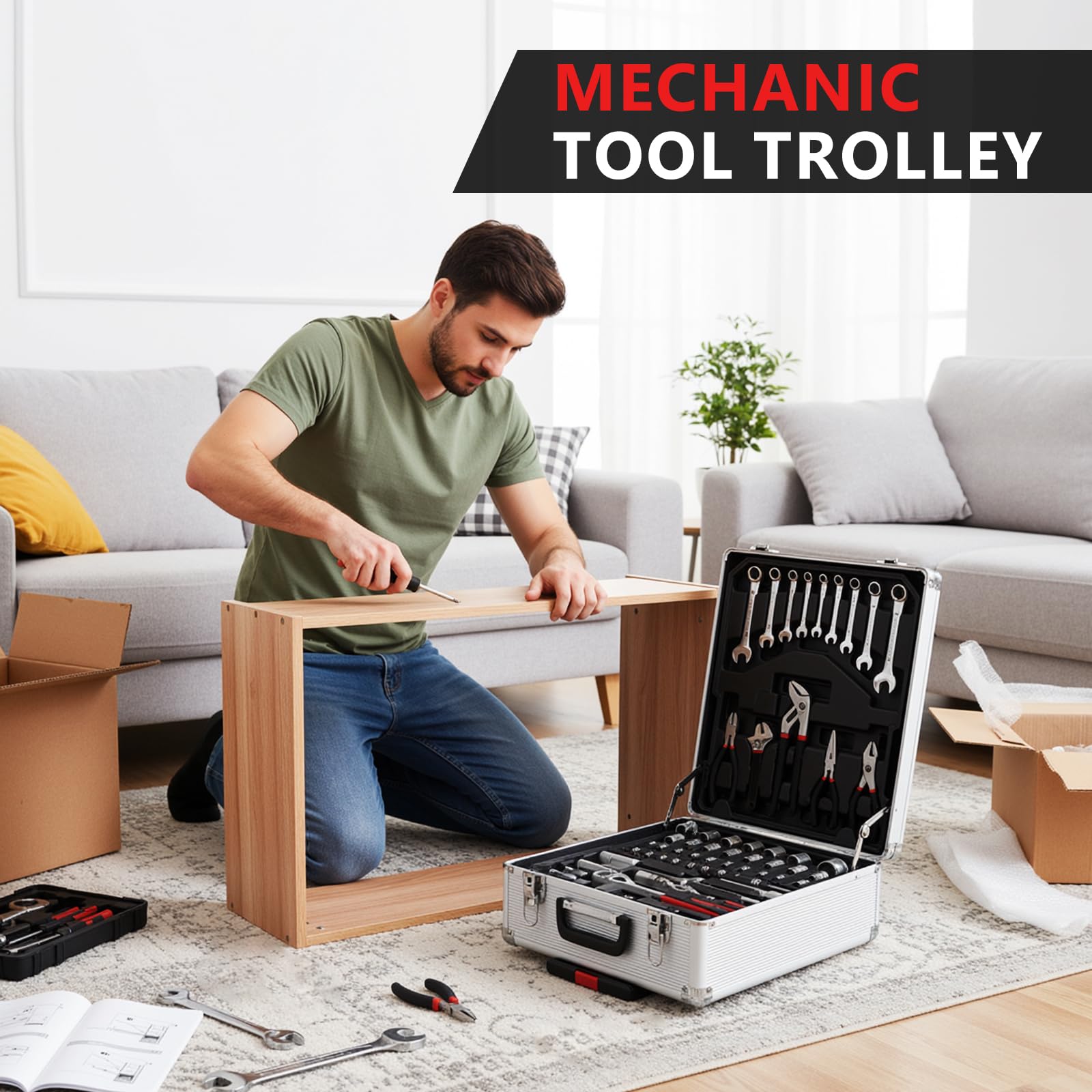 TLGREEN 799-częściowy zestaw narzędzi mechanicznych z pudełkiem na narzędzia do toczenia, czarny | Zestaw narzędzi do naprawy domu w aluminiowym wózku; zorganizowany dostęp do konserwacji samochodów, garażu i warsztatu