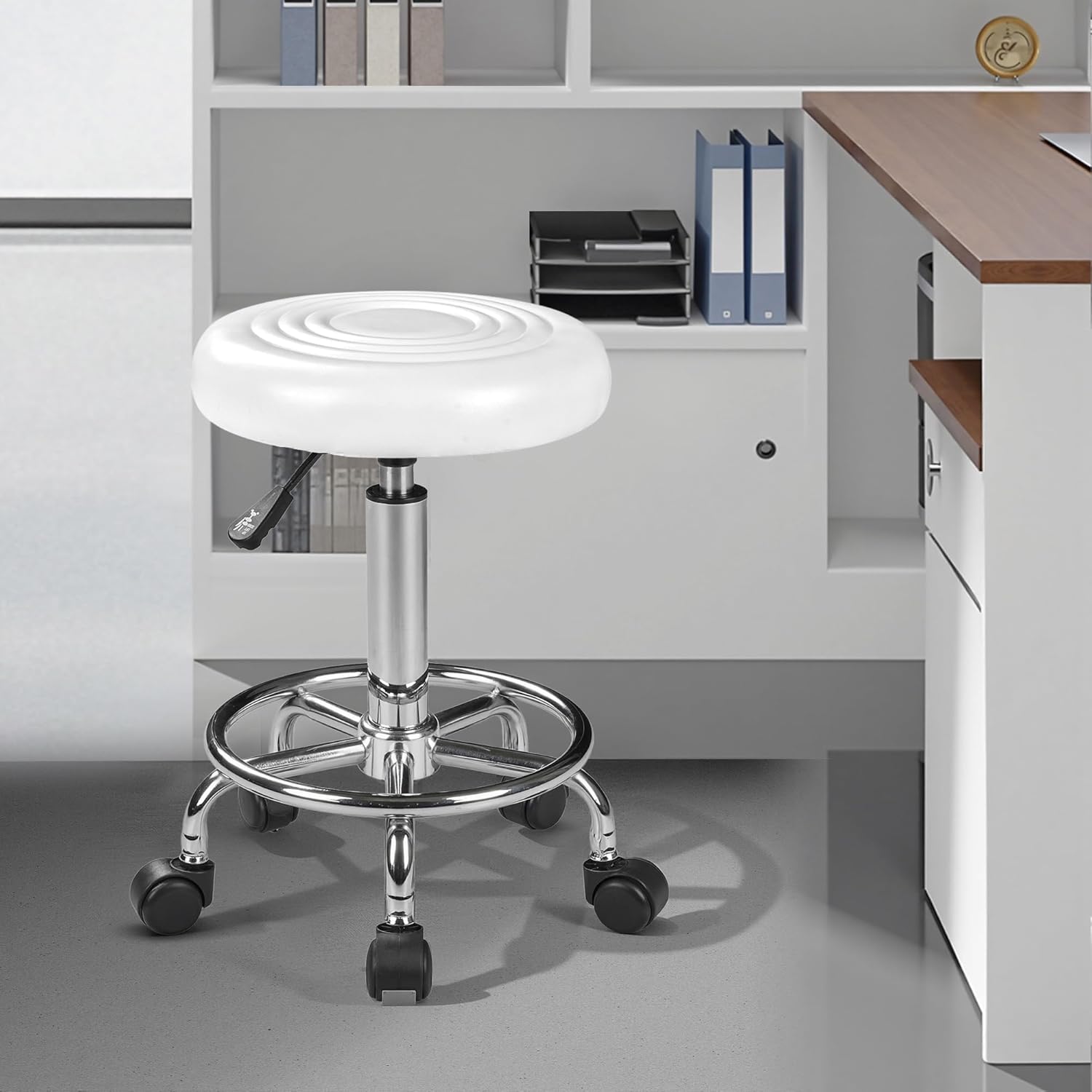 VECELO Home Office Desk Chair with Wheels | PU Leather Rolling Office Chair for Drafting, Salon, Spa(White)