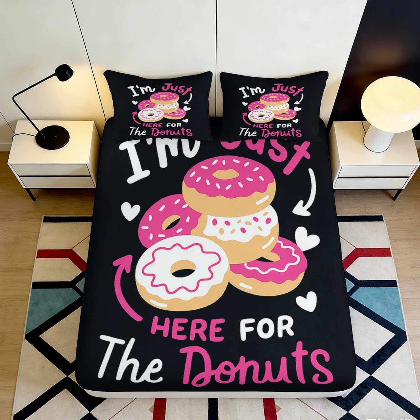 3D Printed Donut Cartoon Fitted Sheet Microfiber Pink Black Bed Cover for Bedroom Guest Room Mattress Protection Decor 200x200x25cm