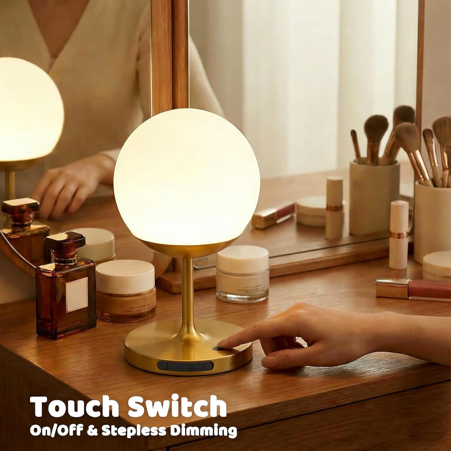WEILAILUX Cordless Table Lamp with Globe Shade, Rechargeable Dimmable Bedside Light, Shower Lamp Waterproof, Touch Control, 8-72 Hours Runtime, 2700K Warm White for Indoor Outdoor (Khaki, Short)