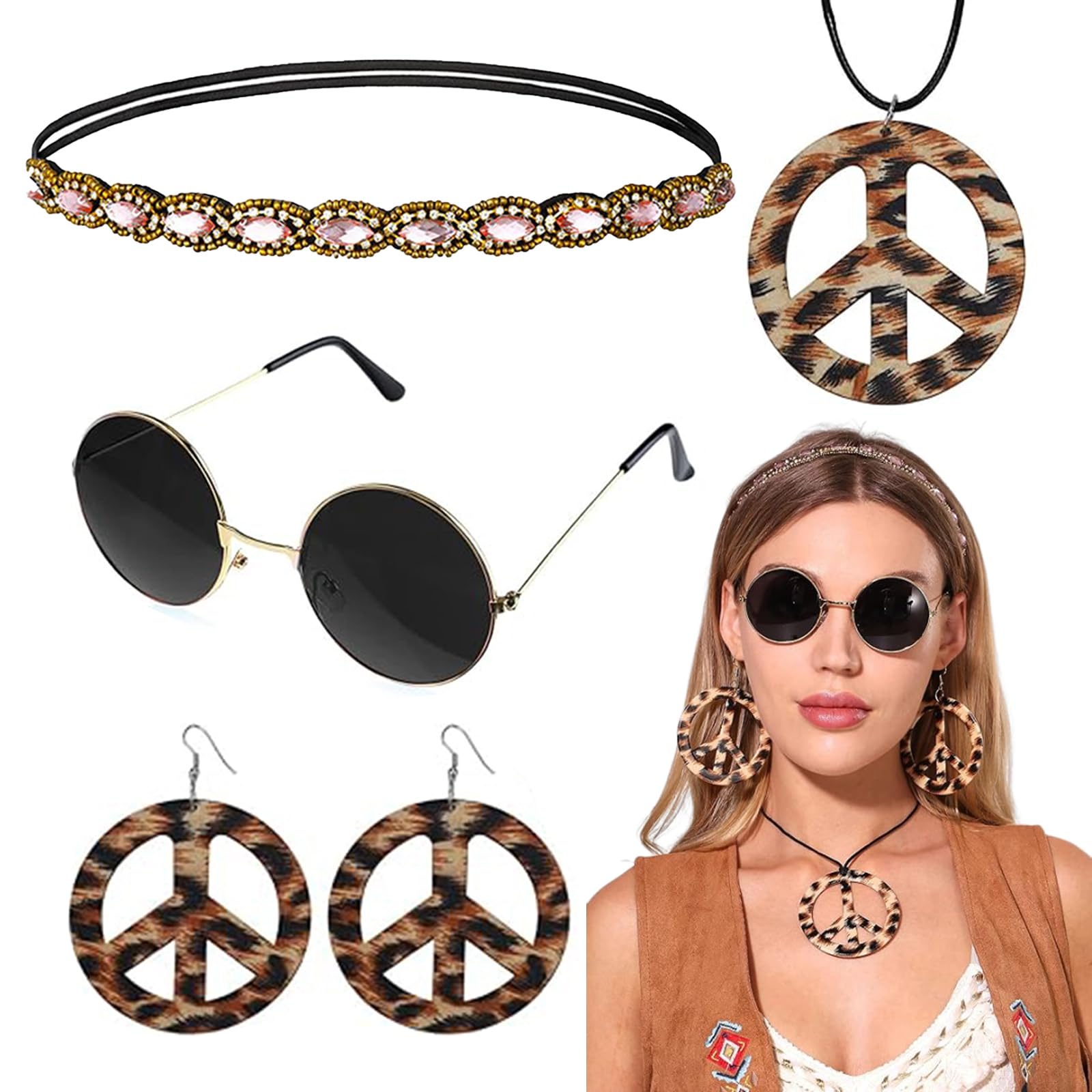 ARROMI 4Pcs Hippie Accessories, 70s Headband, Fancy Dress for Women, Hippy Party Supplies for 60s 70s Themed Events
