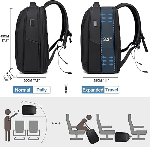 Miniatura 3 de FENRUIEN Mochila de viaje expandible de 15.6 pulgadas, resistente al agua con puerto de carga USB, bolsa negra para computadora portátil para