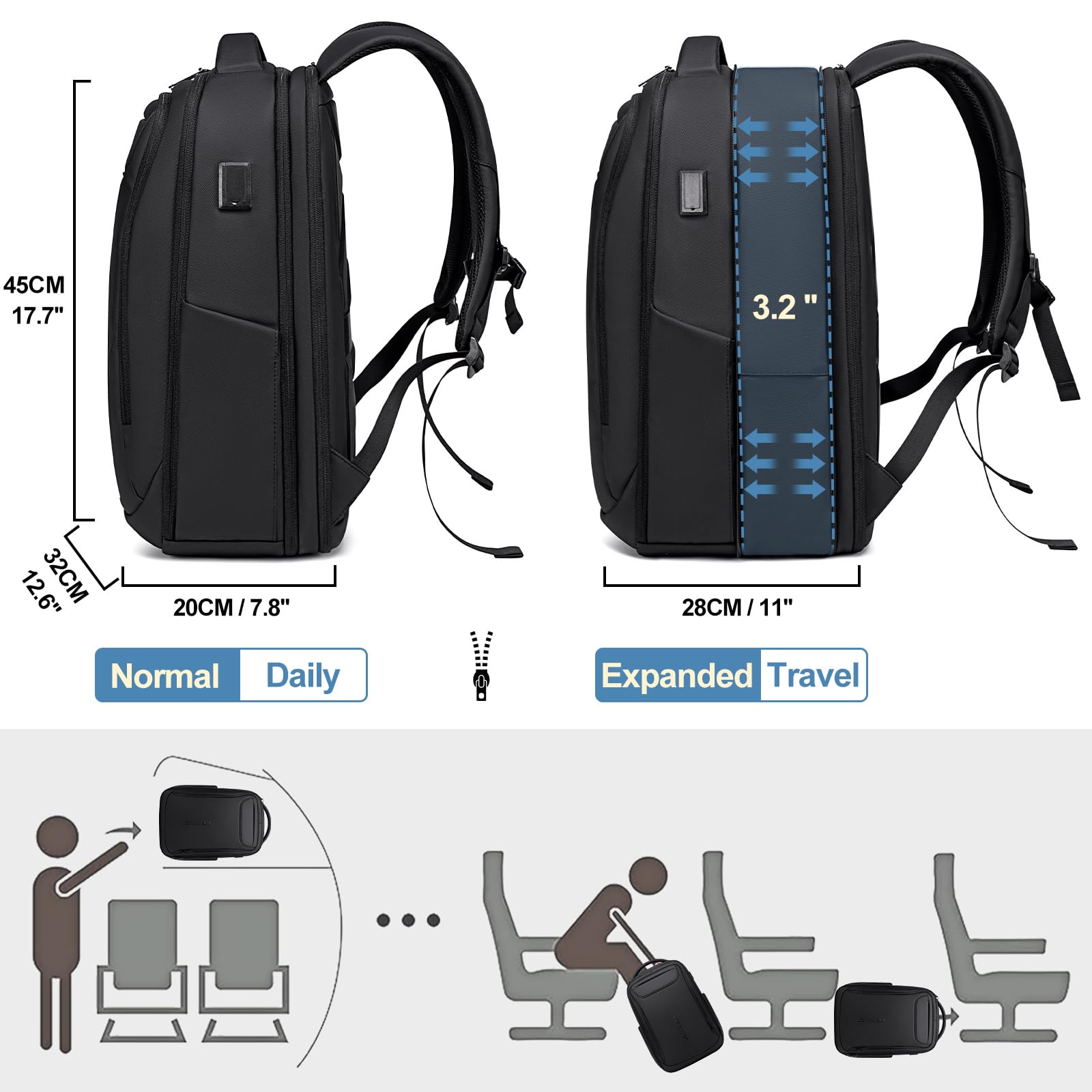 FENRUIEN Zaino da viaggio espandibile da 15,6 pollici, resistente all'acqua, con porta di ricarica USB, borsa nera per computer portatile, per lavoro/pendolari/università, nero, Large, Zaino da